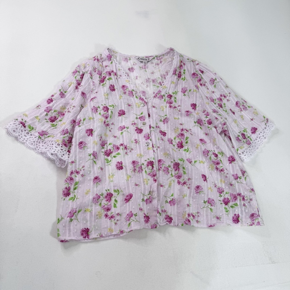 Nanette Lepore Blouse Womens Large Pink Floral Flutter Sleeve Button Top Whimsy‎